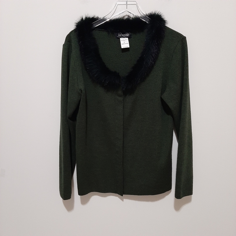 La Murina Green Wool Blend Cardigan with Faux Fur Collar Size Large